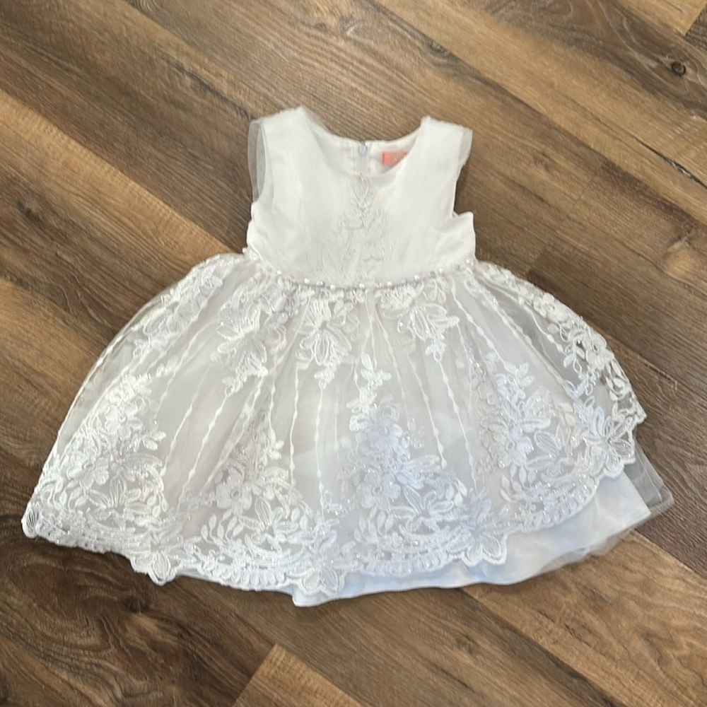 Pink butterfly asymmetrical girls white sparkle tulle floral design dress sz 2T - Picture 9 of 16